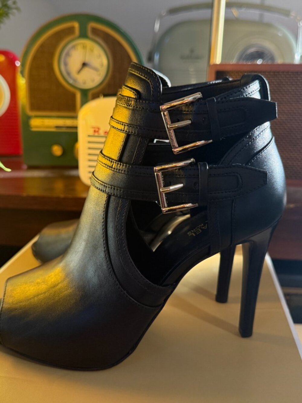 NWOT Michael Kors Blaze Open Toe Leather Booties |Black |Size 6 |Buckle Stiletto - Picture 6 of 7